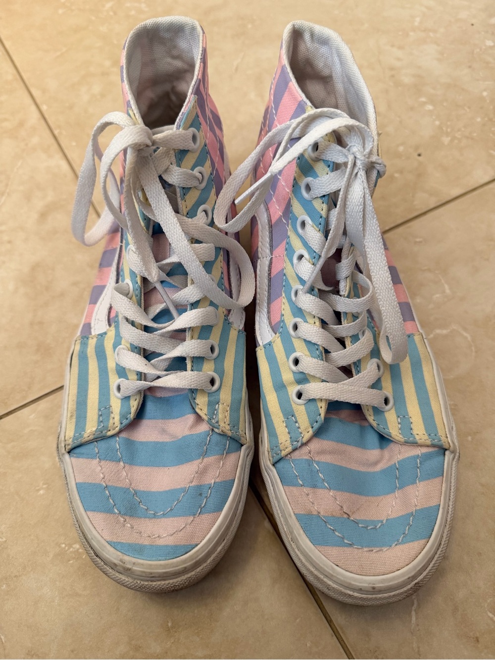 Vans High-Top Sneakers in Pastel Blue, Pink & Yellow Stripes
